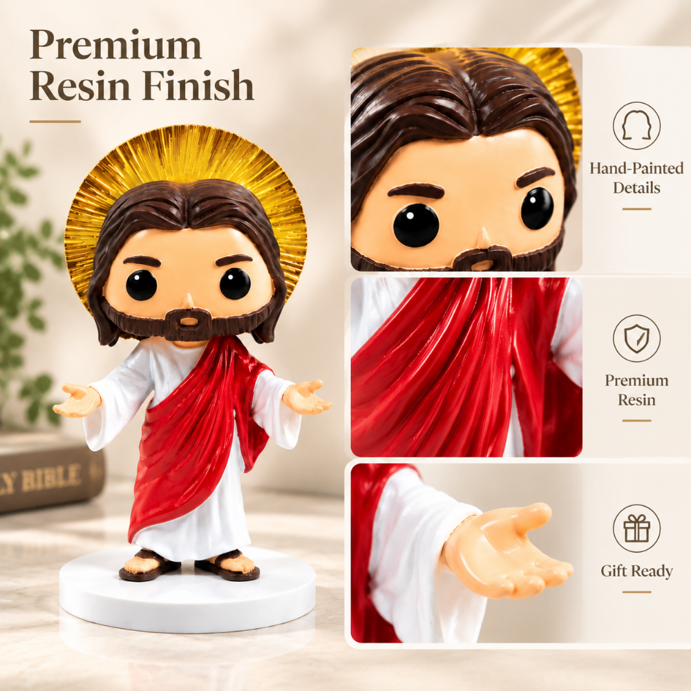 Close-up craftsmanship details of Glory's Embrace hand-painted Jesus figurine highlighting golden halo, facial expression, and red robe folds
