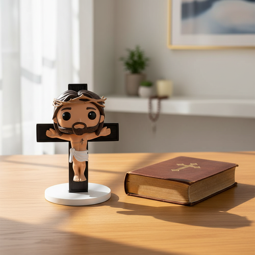 Calvary's Sacrifice Jesus crucifix figurine on wooden prayer desk beside Holy Bible in serene morning light