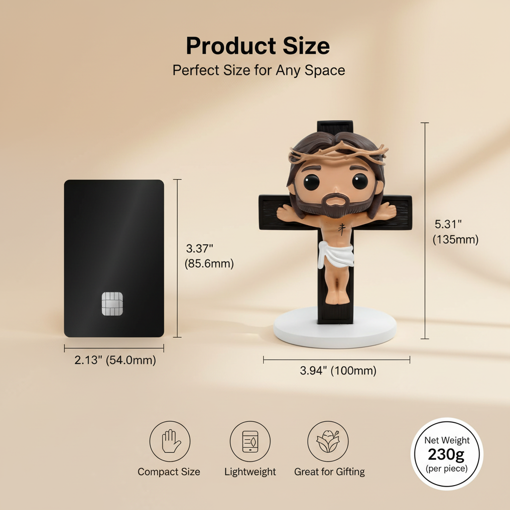 Calvary's Sacrifice Jesus crucifix figurine dimensions diagram comparing 5.31 inch height and 230g weight with standard credit card