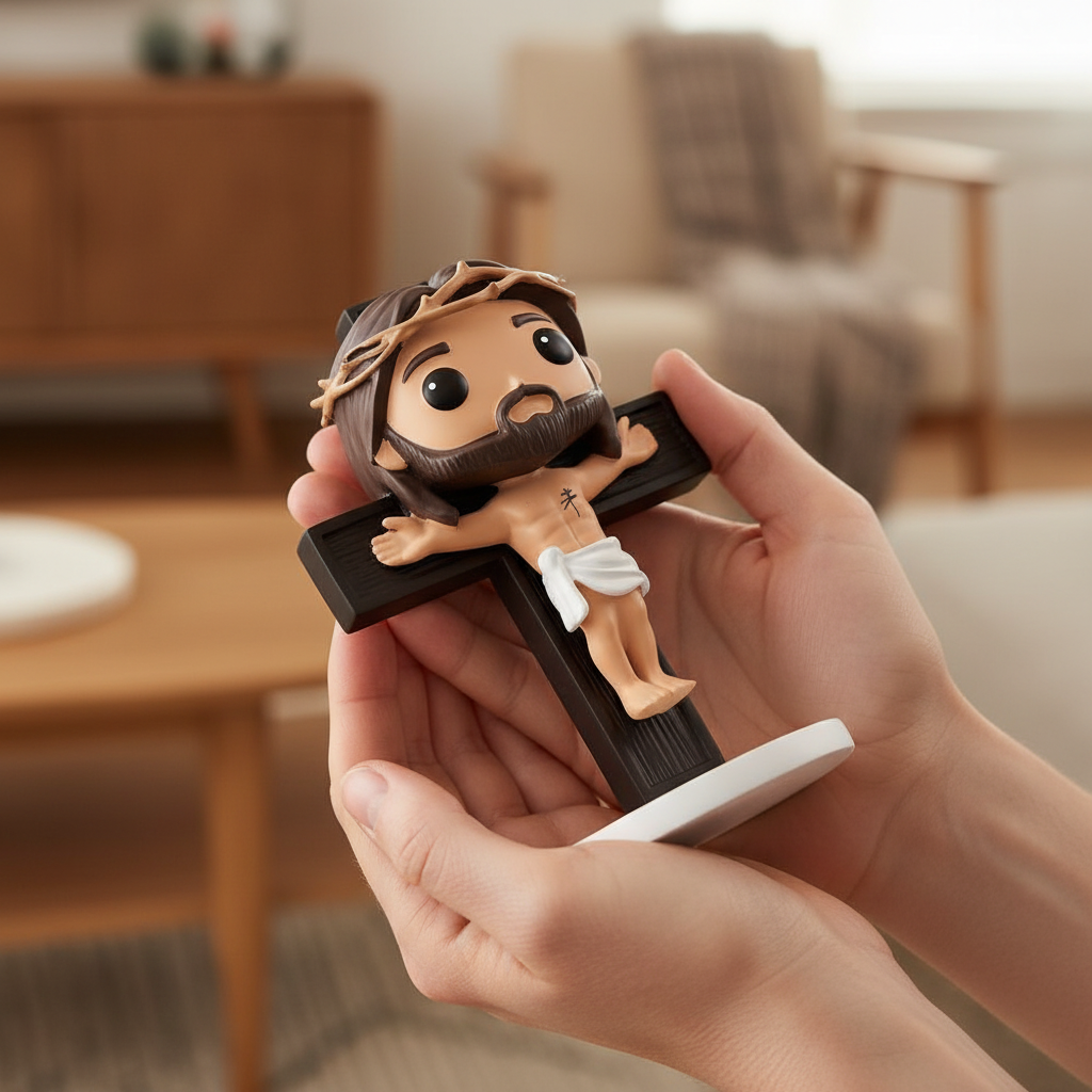 Person reverently holding Calvary's Sacrifice 5.3-inch Jesus crucifix figurine in hands showing realistic size