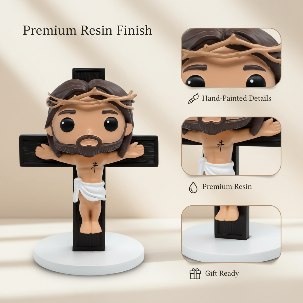 Craftsmanship details of Calvary's Sacrifice Jesus figurine highlighting painted crown of thorns, wooden cross texture, and draped cloth