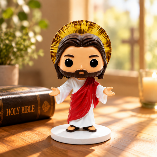 Glory's Embrace Jesus figurine with open arms on wooden prayer desk beside Holy Bible in serene morning sunlight