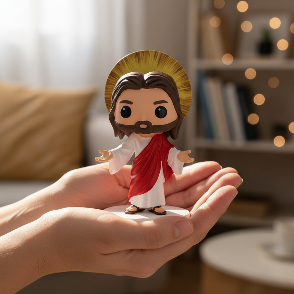 Person gently holding Glory's Embrace 5.3-inch Jesus resin figurine in hands showing realistic size and handcrafted texture