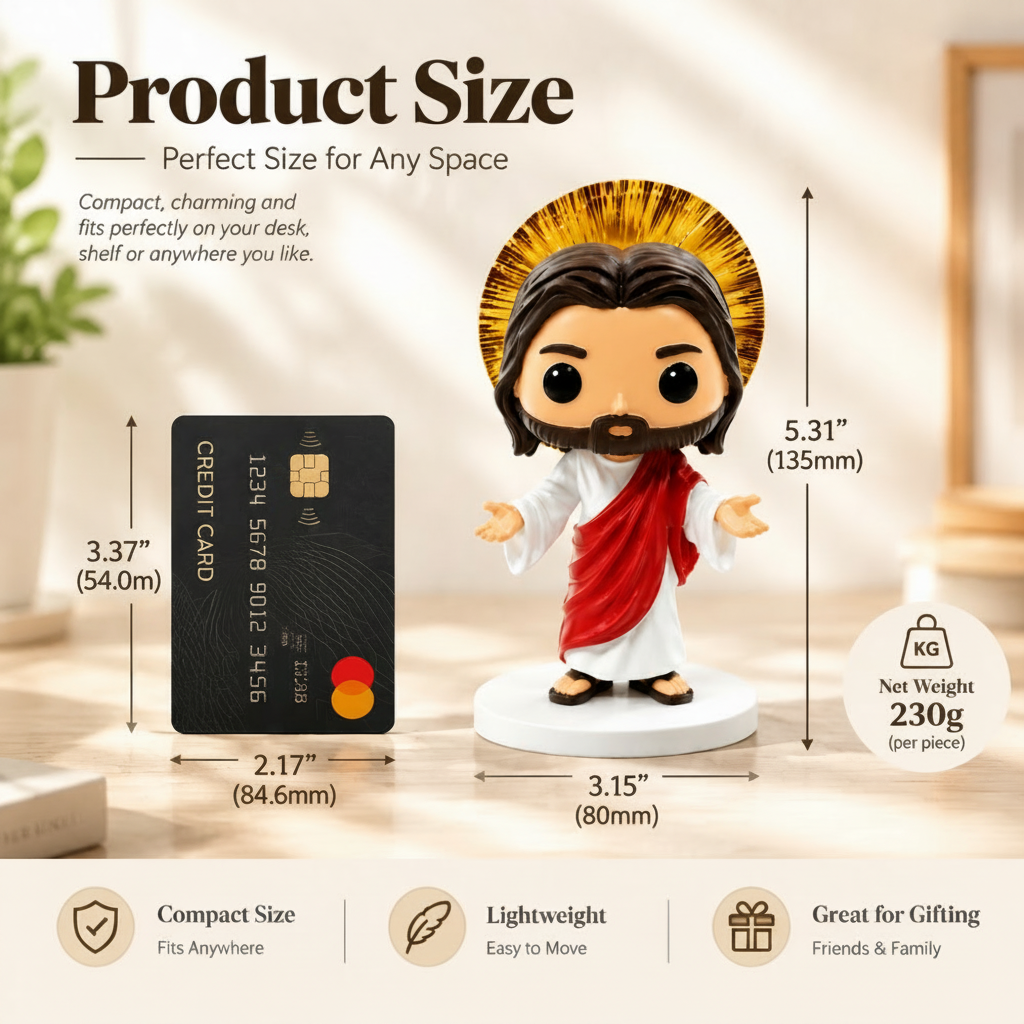 Glory's Embrace Jesus figurine dimensions diagram comparing 5.31 inch height and 230g weight with standard credit card size
