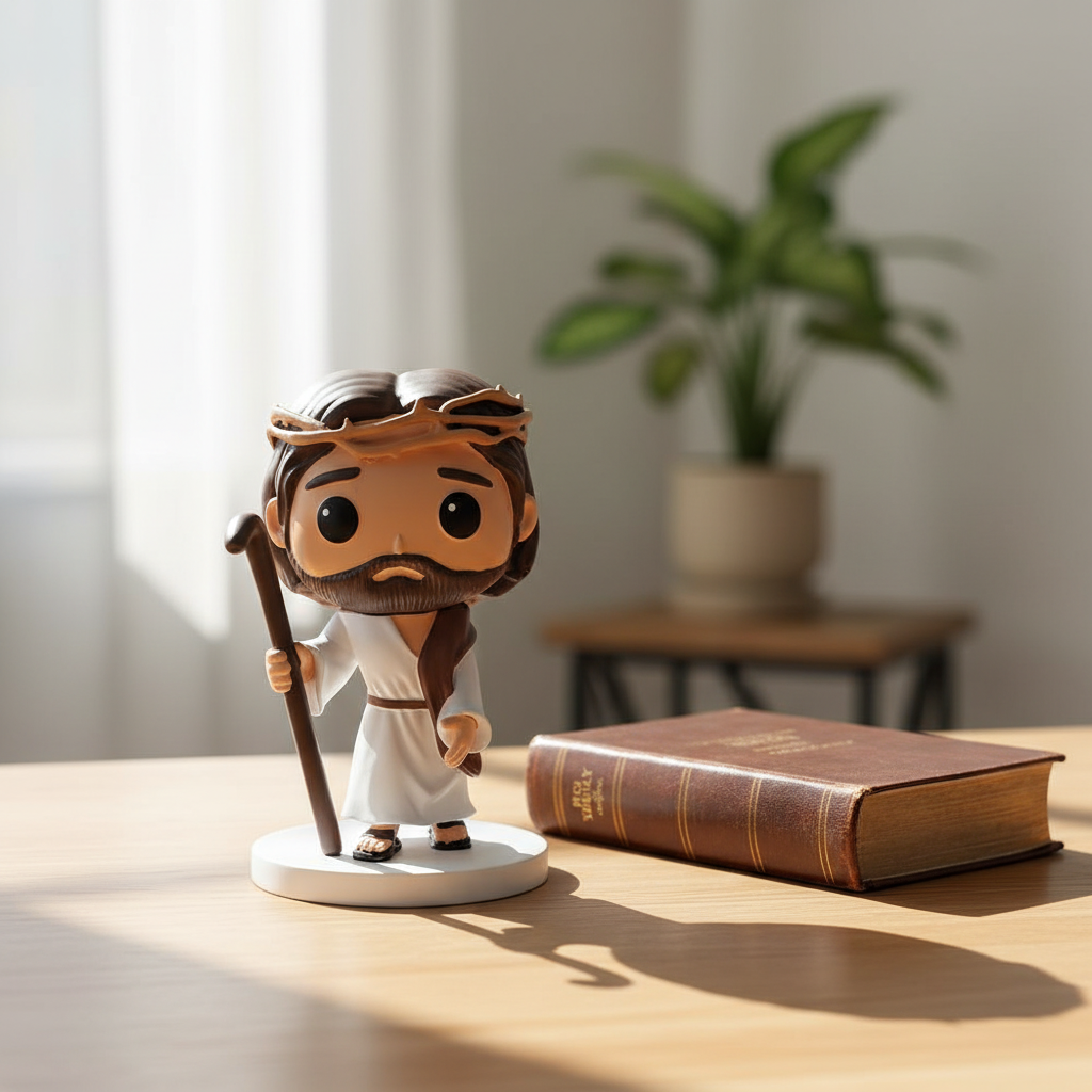 Risen Covenant Jesus Good Shepherd figurine with staff on wooden prayer desk beside Holy Bible in peaceful morning daylight