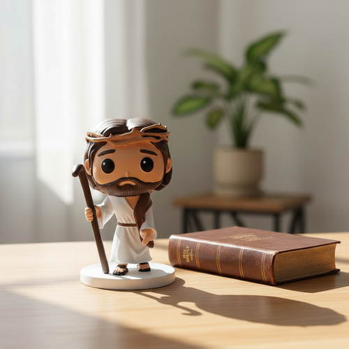 Risen Covenant Jesus Good Shepherd figurine with staff on wooden prayer desk beside Holy Bible in peaceful morning daylight