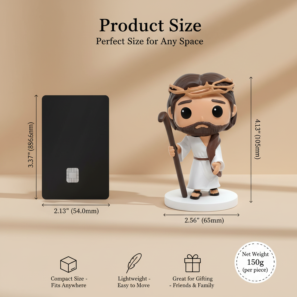 Risen Covenant Jesus Good Shepherd figurine dimensions diagram comparing 4.13 inch height and 150g weight with standard credit card