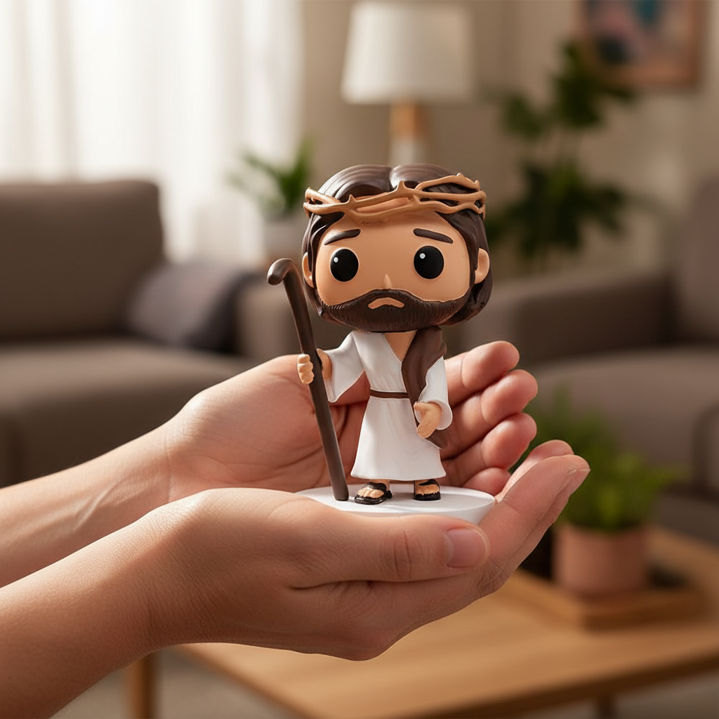 Person tenderly holding Risen Covenant 4.13-inch Jesus Good Shepherd figurine in hands showing realistic size and artisan texture