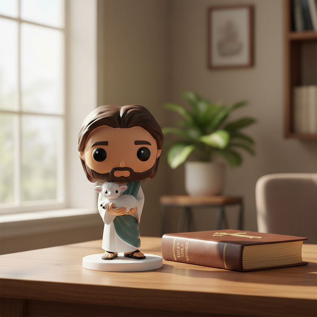 The Shepherd's Rescue Jesus holding white lamb figurine on wooden prayer desk beside Holy Bible in peaceful morning light