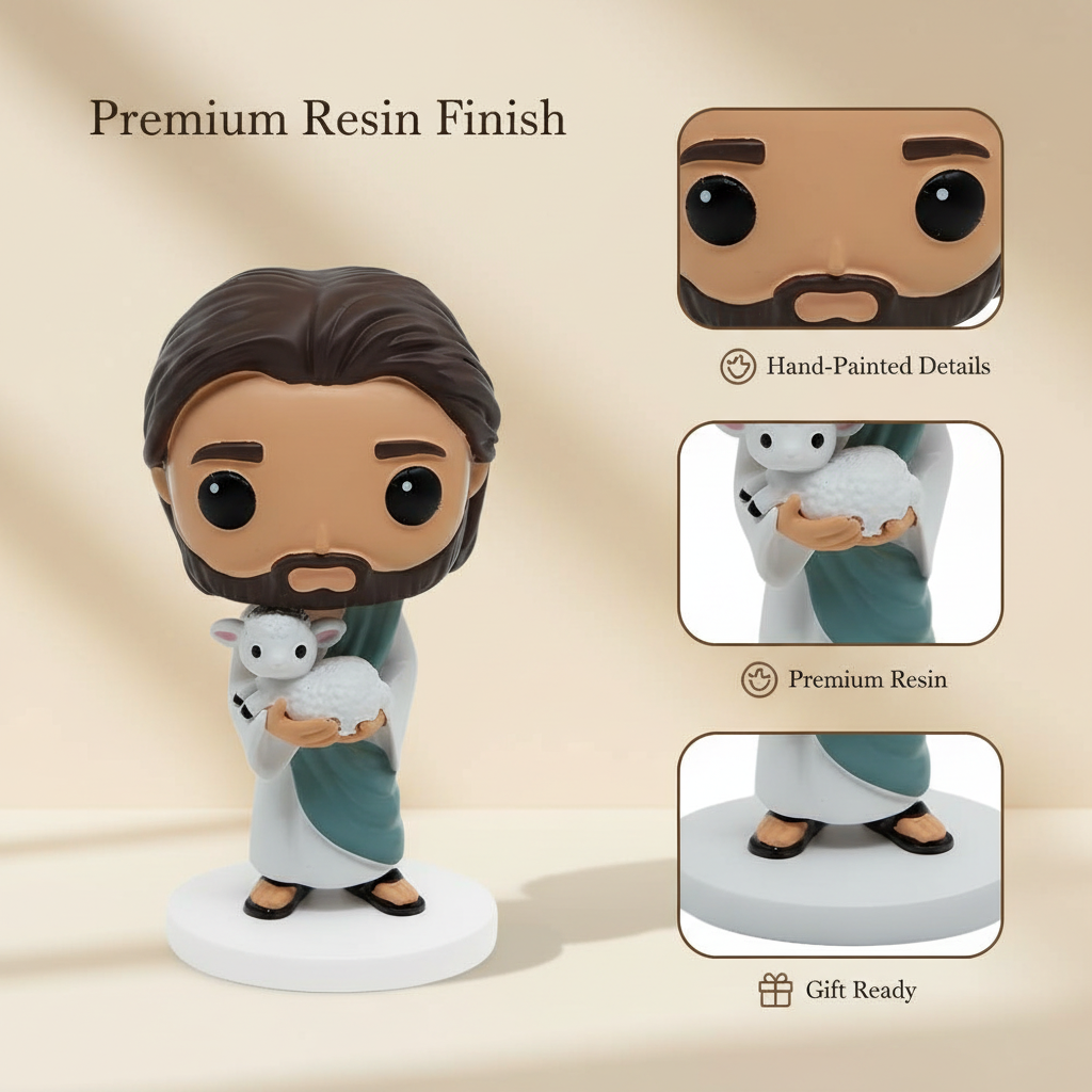 Craftsmanship details of The Shepherd's Rescue Jesus figurine highlighting hand-painted lamb fleece, facial expression, and teal robe folds