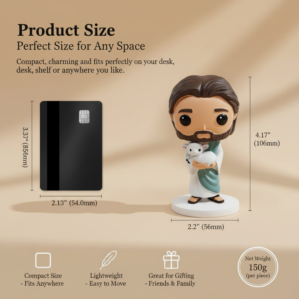 The Shepherd's Rescue Jesus holding lamb figurine dimensions diagram comparing 4.17 inch height and 150g weight with standard credit card