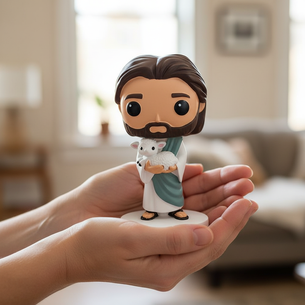 Person tenderly holding The Shepherd's Rescue 4.17-inch Jesus cradling lamb figurine in hands showing realistic size