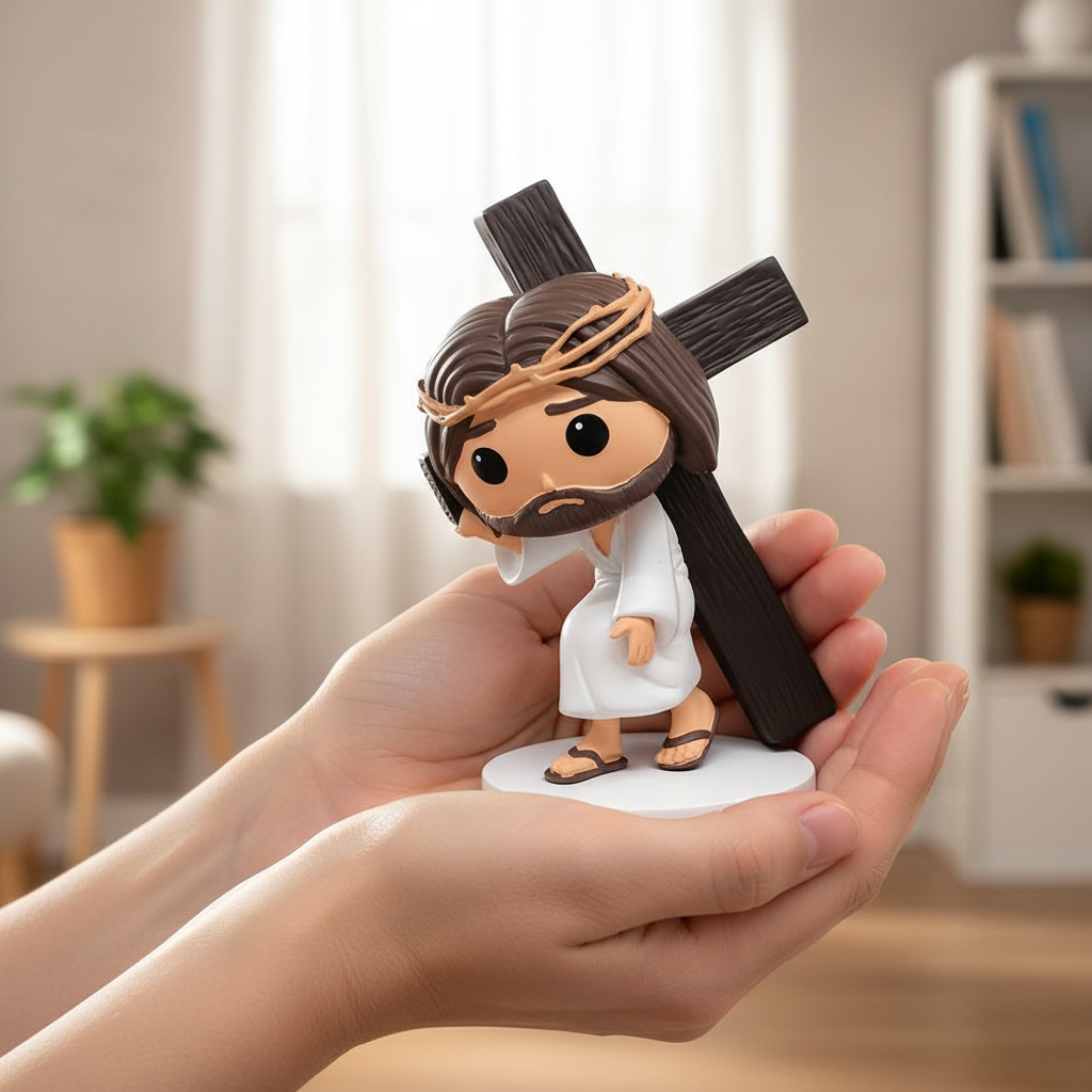 Person reverently holding Via Crucis 5.3-inch Jesus carrying the cross figurine in hands showing realistic size