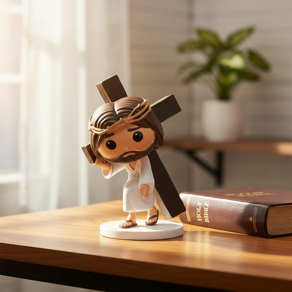 Via Crucis Jesus carrying the cross figurine on wooden prayer desk beside Holy Bible in peaceful morning light