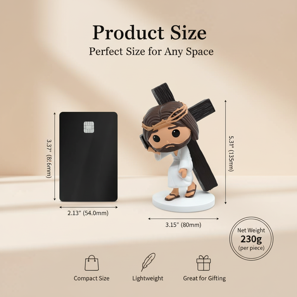 Via Crucis Jesus carrying cross figurine dimensions diagram comparing 5.31 inch height and 230g weight with standard credit card