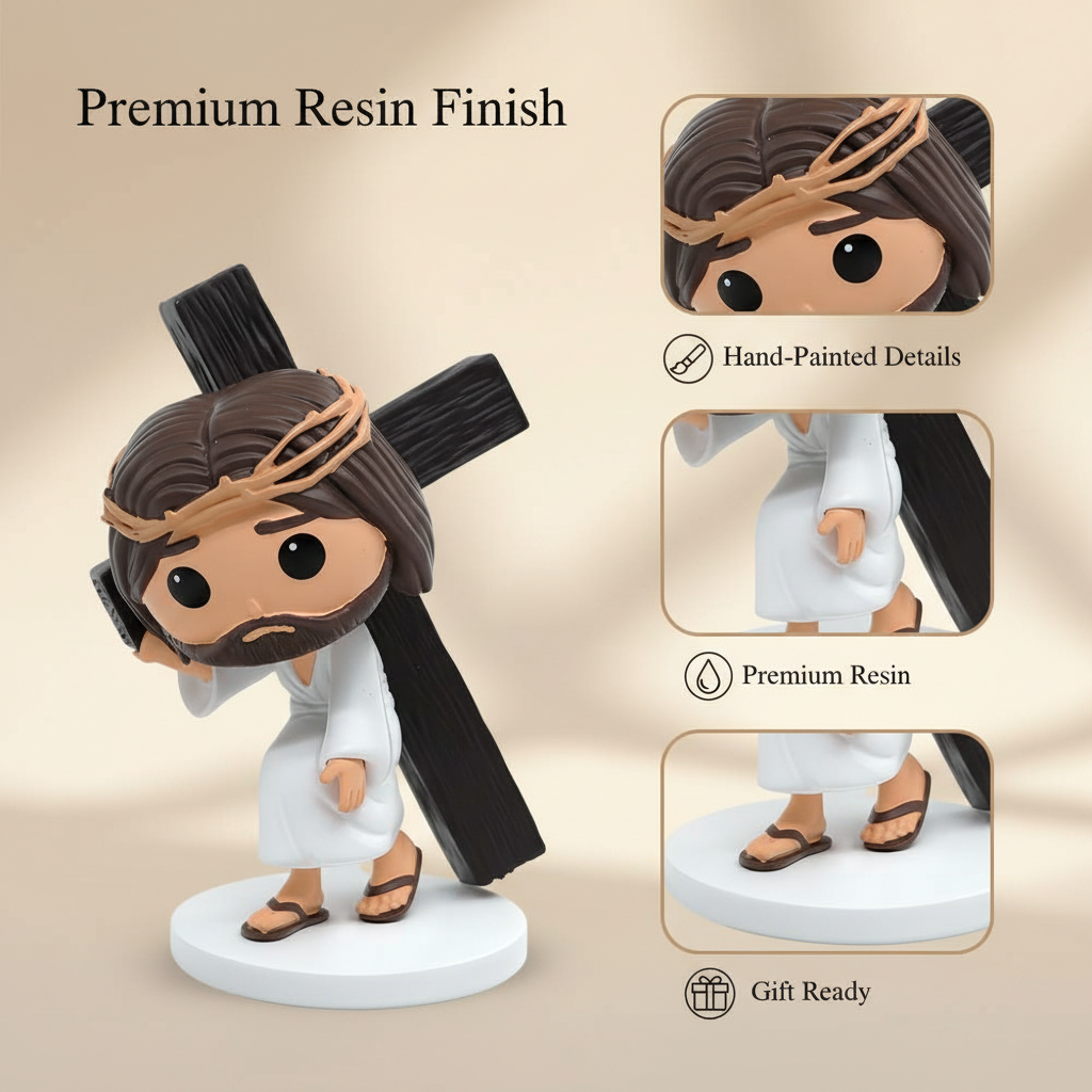 Craftsmanship details of Via Crucis Jesus figurine highlighting hand-painted crown of thorns, wooden cross texture, and white robe folds